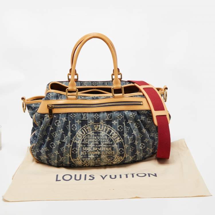 Pre Owned Louis Vuitton Blue Monogram Denim Limited Edition Porte Epaule Raye GM Bag