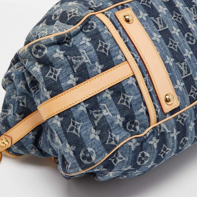 Pre Owned Louis Vuitton Blue Monogram Denim Limited Edition Porte Epaule Raye GM Bag