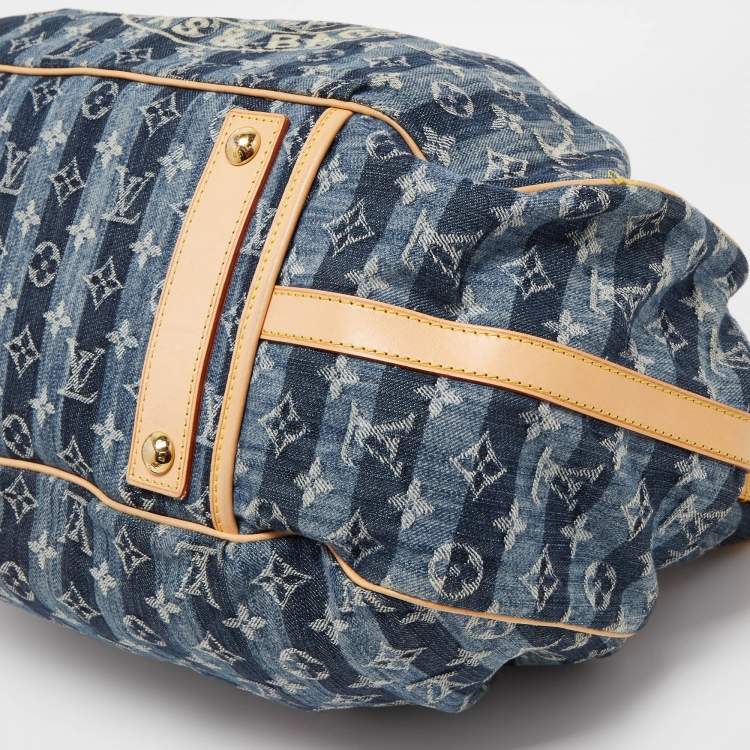 Pre Owned Louis Vuitton Blue Monogram Denim Limited Edition Porte Epaule Raye GM Bag
