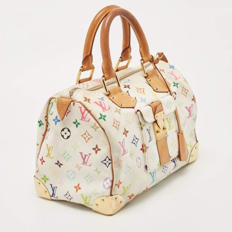 Pre Owned Louis Vuitton White Multicolor Monogram Canvas Speedy 30 Bag