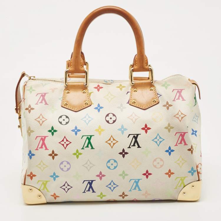 Pre Owned Louis Vuitton White Multicolor Monogram Canvas Speedy 30 Bag