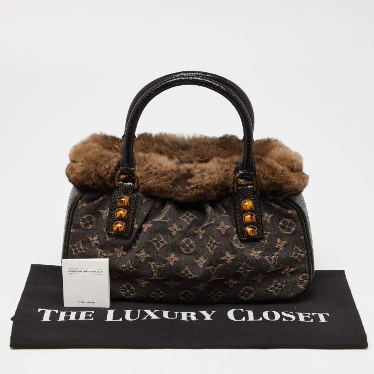 Pre Owned Louis Vuitton Black Monogram Denim,Fur and Snakeskin Trapeze PM Bag