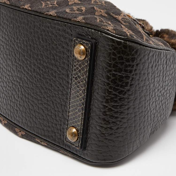 Pre Owned Louis Vuitton Black Monogram Denim,Fur and Snakeskin Trapeze PM Bag