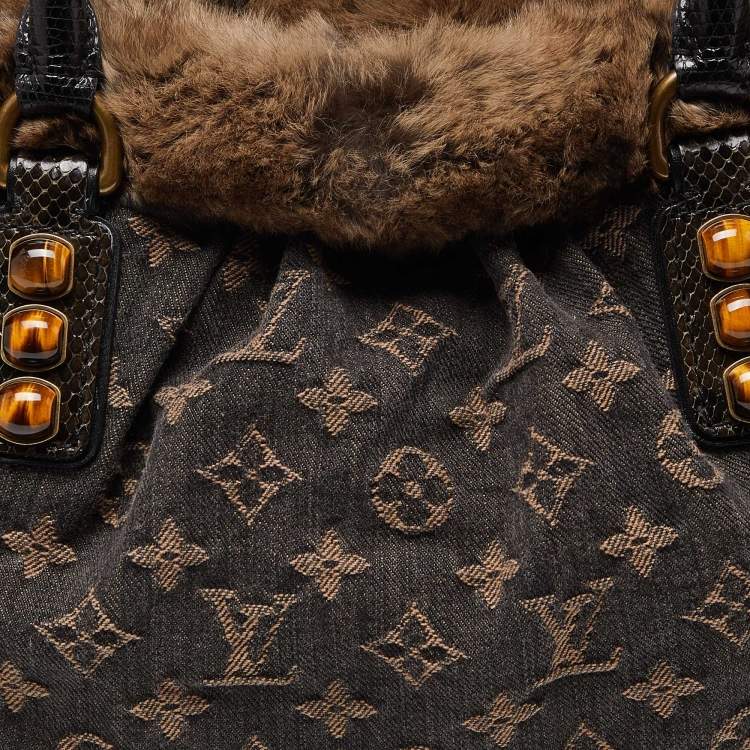 Pre Owned Louis Vuitton Black Monogram Denim,Fur and Snakeskin Trapeze PM Bag
