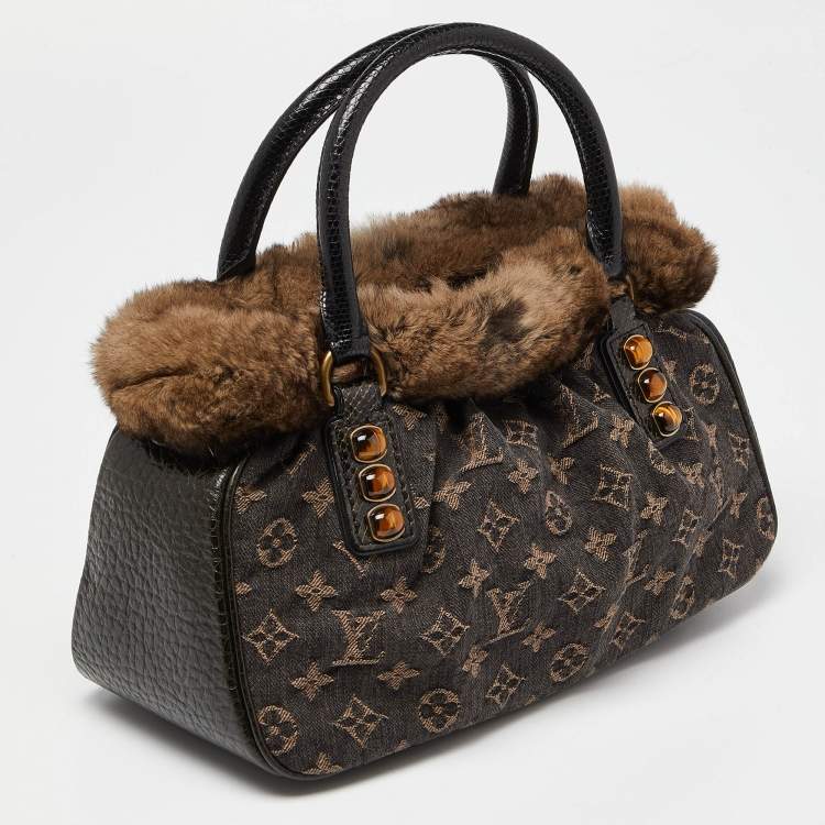Pre Owned Louis Vuitton Black Monogram Denim,Fur and Snakeskin Trapeze PM Bag