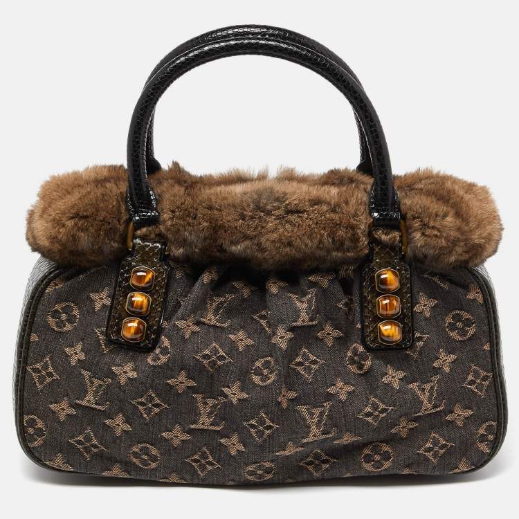 Pre Owned Louis Vuitton Black Monogram Denim,Fur and Snakeskin Trapeze PM Bag