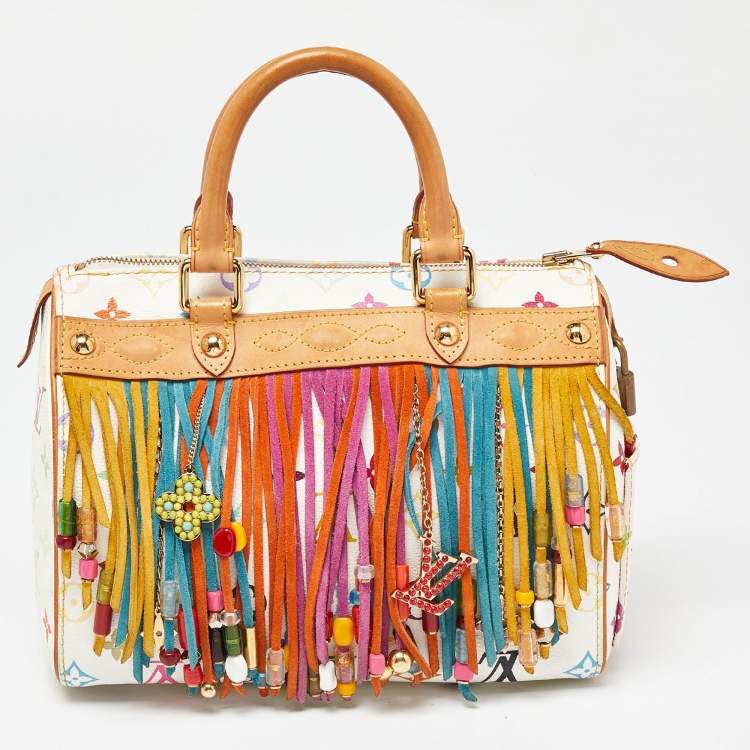 Pre Owned Louis Vuitton White Monogram Multicolore Canvas Limited Edition Fringe Speedy 25 Bag