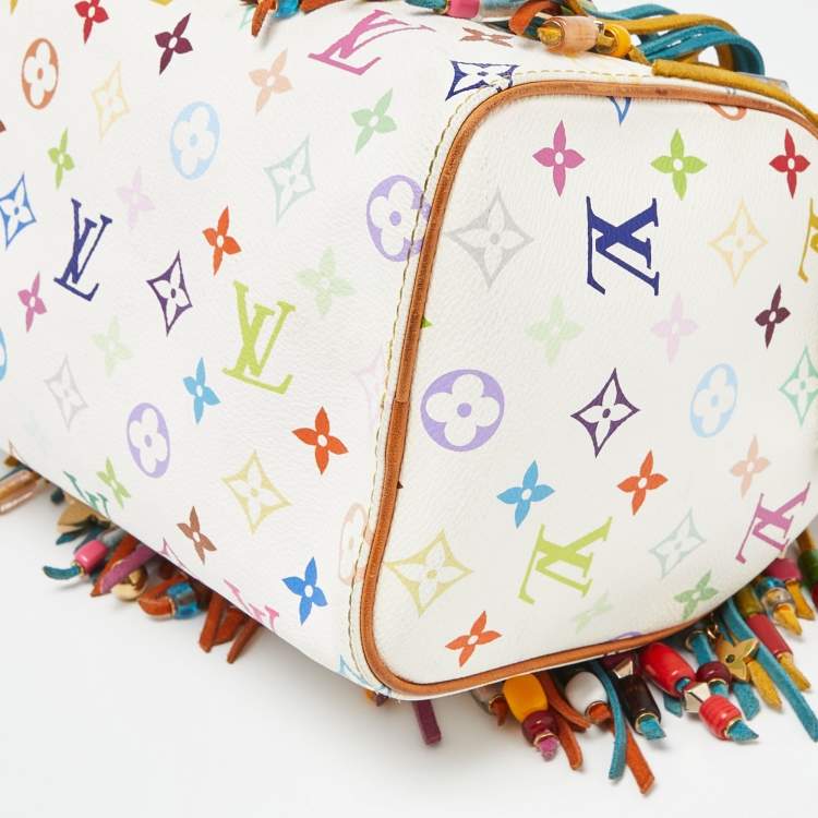 Pre Owned Louis Vuitton White Monogram Multicolore Canvas Limited Edition Fringe Speedy 25 Bag