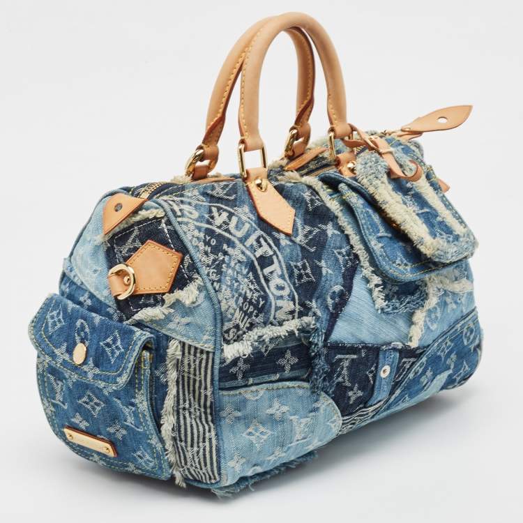 Pre Owned Louis Vuitton Blue Monogram Denim Limited Edition Patchwork Speedy Bag