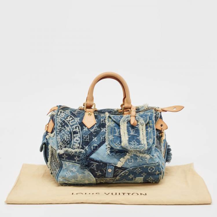 Pre Owned Louis Vuitton Blue Monogram Denim Limited Edition Patchwork Speedy Bag