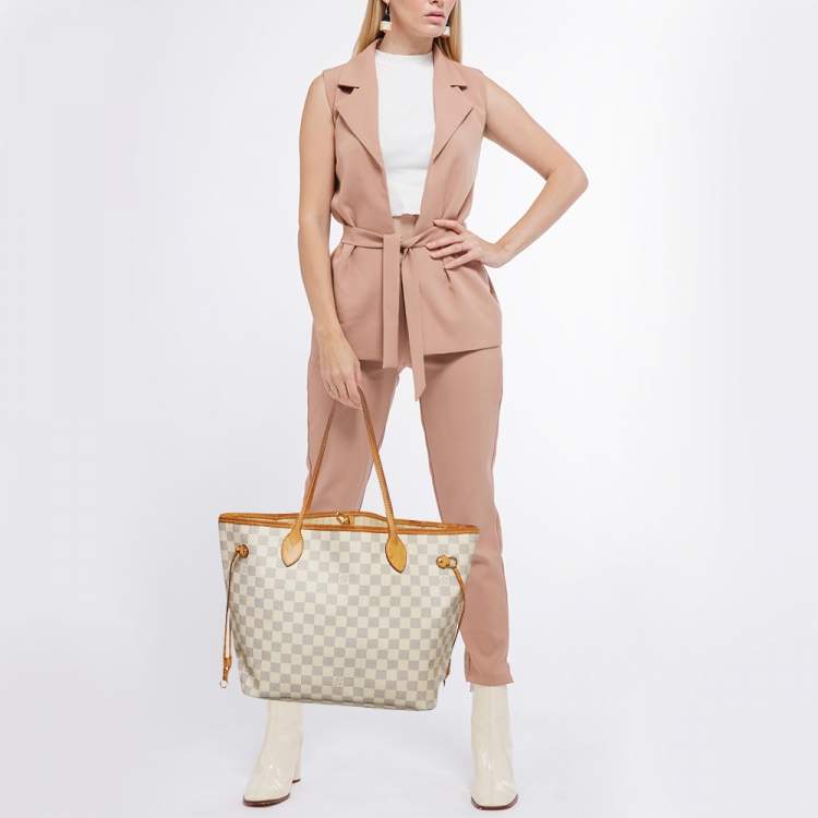 Pre Owned Louis Vuitton White Canvas Damier Azur Neverfull MM Tote Bag