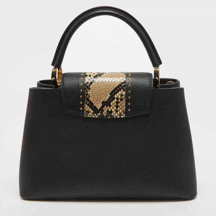 Pre Owned Louis Vuitton Black/Beige Leather and Python Capucines MM Bag