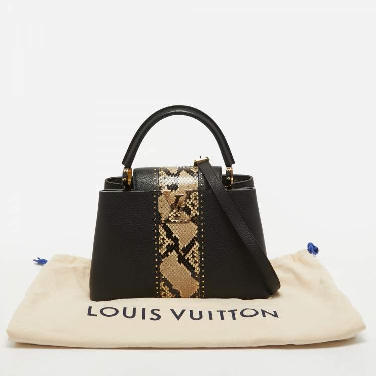 Pre Owned Louis Vuitton Black/Beige Leather and Python Capucines MM Bag