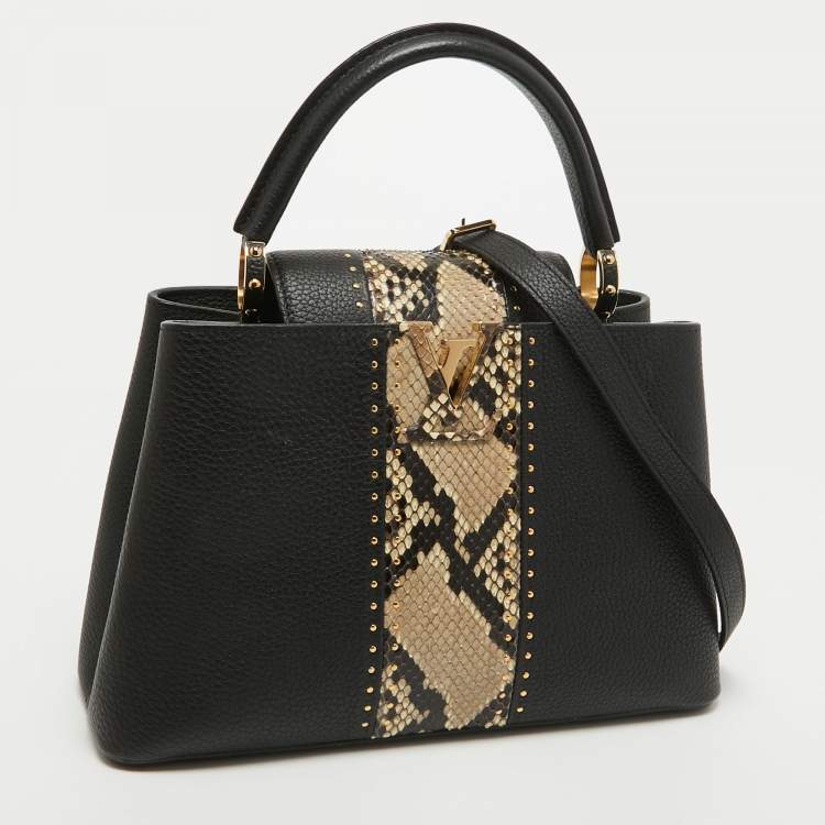 Pre Owned Louis Vuitton Black/Beige Leather and Python Capucines MM Bag