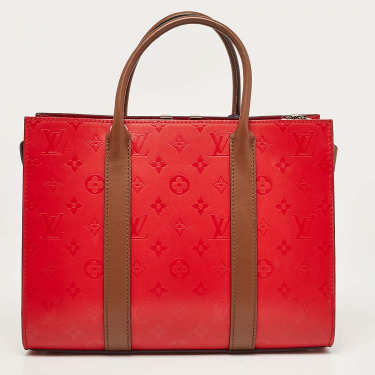 Pre Owned Louis Vuitton Rubis/Noisette Monogram Plume Leather Very MM Tote