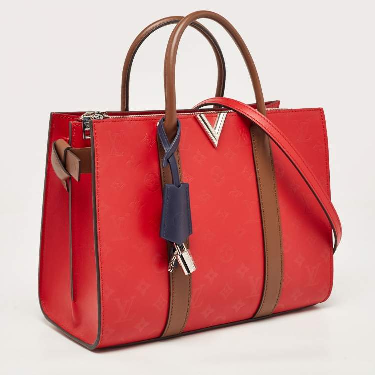 Pre Owned Louis Vuitton Rubis/Noisette Monogram Plume Leather Very MM Tote
