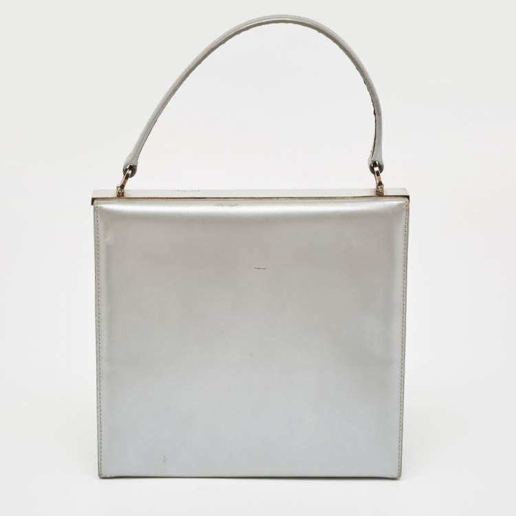 Pre Owned Salvatore Ferragamo Silver Leather Metal Frame Top Handle Bag