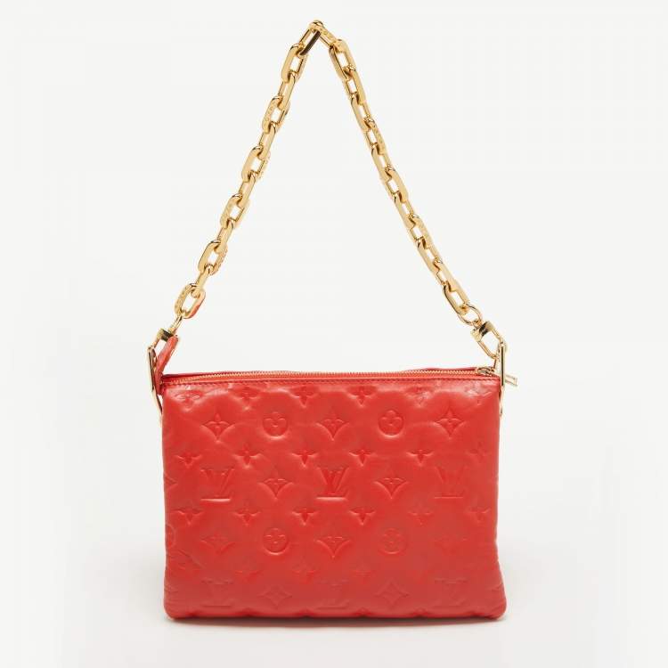Pre Owned Louis Vuitton Red Monogram Embossed Leather Coussin PM Bag