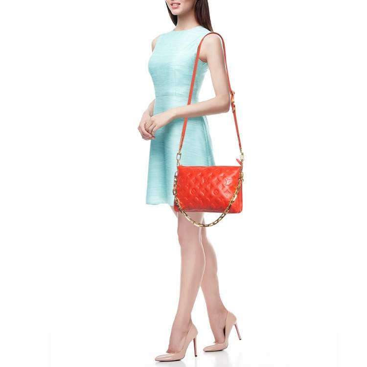 Pre Owned Louis Vuitton Red Monogram Embossed Leather Coussin PM Bag