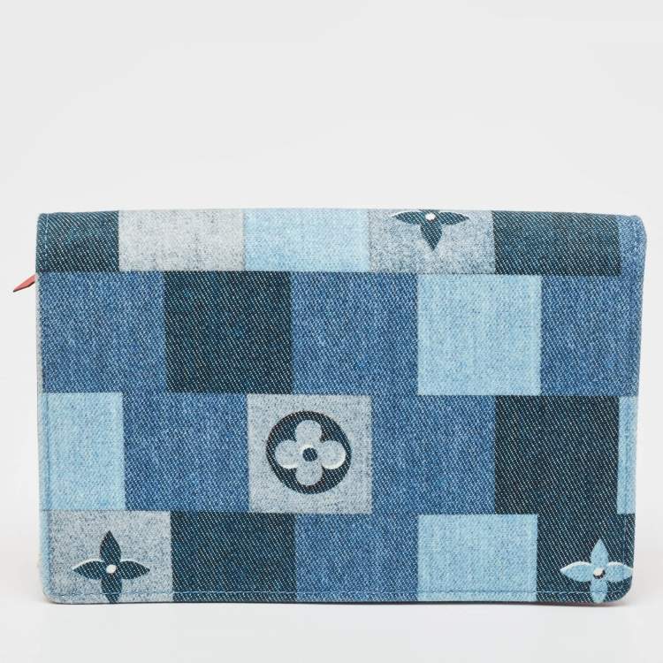 Pre Owned Louis Vuitton Blue/Rouge Damier and Monogram Patchwork Denim Denim Flore Wallet on Chain 