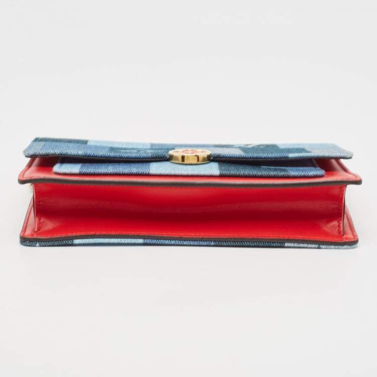 Pre Owned Louis Vuitton Blue/Rouge Damier and Monogram Patchwork Denim Denim Flore Wallet on Chain 