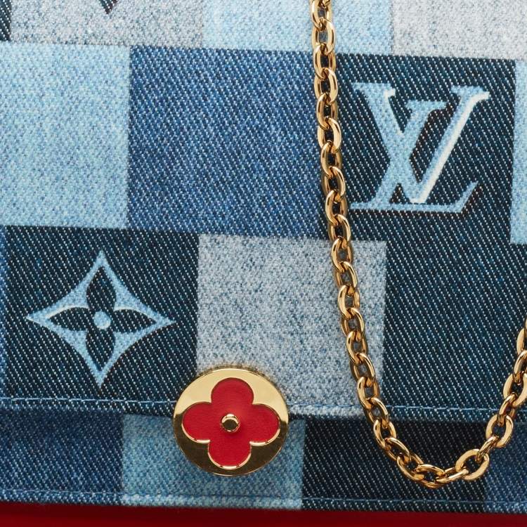 Pre Owned Louis Vuitton Blue/Rouge Damier and Monogram Patchwork Denim Denim Flore Wallet on Chain 
