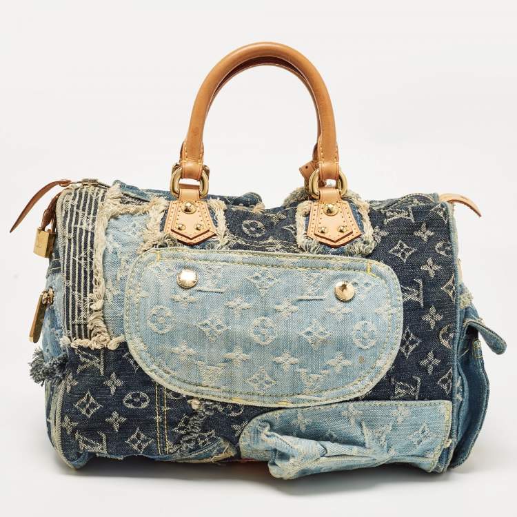 Pre Owned Louis Vuitton Blue Denim Monogram Limited Edition Patchwork Speedy Bag