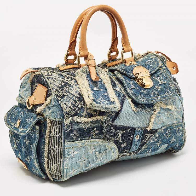 Pre Owned Louis Vuitton Blue Denim Monogram Limited Edition Patchwork Speedy Bag