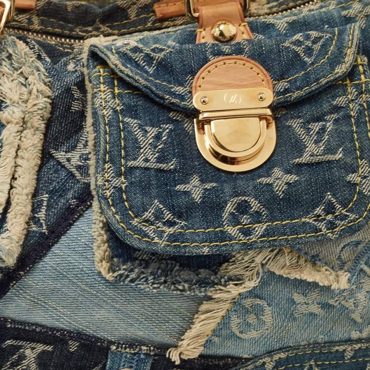 Pre Owned Louis Vuitton Blue Denim Monogram Limited Edition Patchwork Speedy Bag