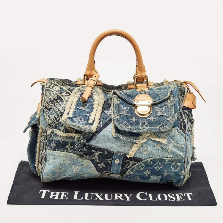 Pre Owned Louis Vuitton Blue Denim Monogram Limited Edition Patchwork Speedy Bag