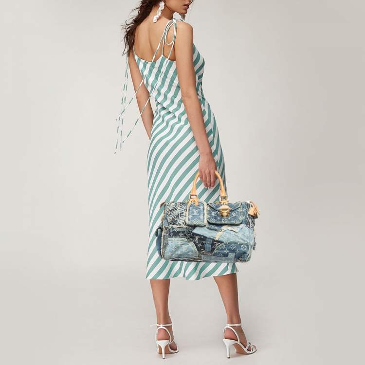 Pre Owned Louis Vuitton Blue Denim Monogram Limited Edition Patchwork Speedy Bag