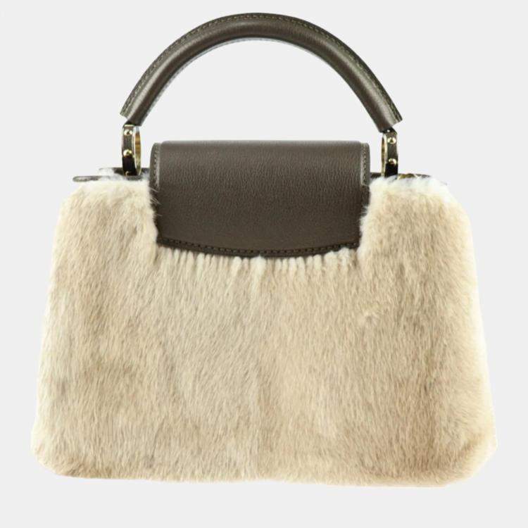 Pre Owned Louis Vuitton Beige Leather Mink Fur Capucines BB Top Handle Bags