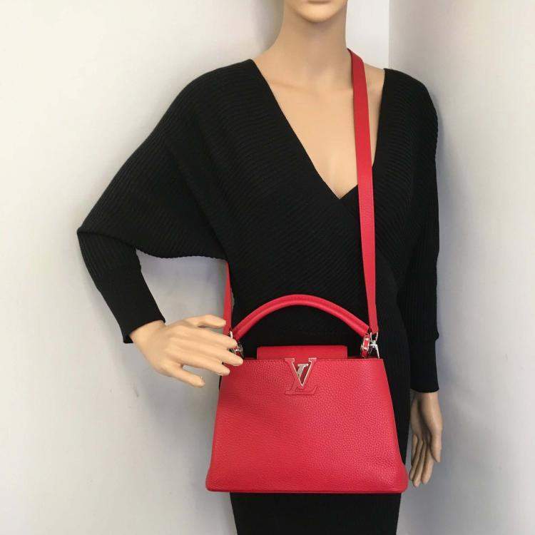 Pre Owned Louis Vuitton Red Leather Capucines BB Top Handle Bag