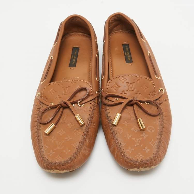 Pre Owned Louis Vuitton Brown Monogram Empreinte Leather Gloria Loafers Size 38.5