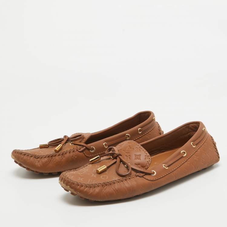 Pre Owned Louis Vuitton Brown Monogram Empreinte Leather Gloria Loafers Size 38.5