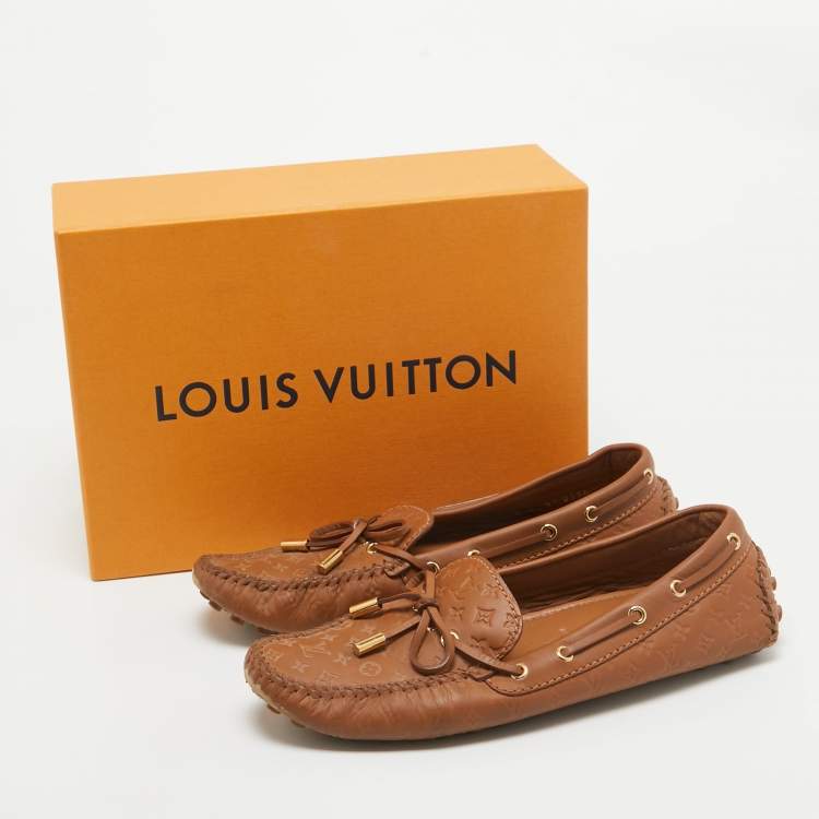 Pre Owned Louis Vuitton Brown Monogram Empreinte Leather Gloria Loafers Size 38.5