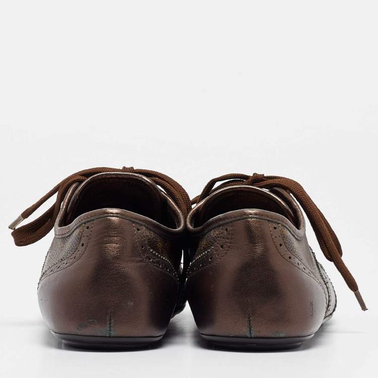 Pre Owned Louis Vuitton Metallic Bronze Monogram Leather and Canvas Lace Up Sneakers Size 39