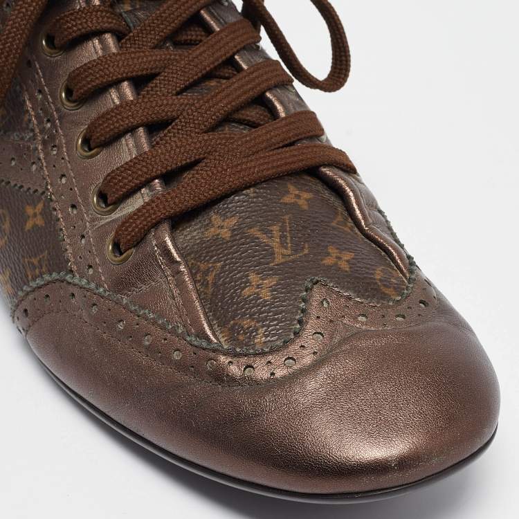 Pre Owned Louis Vuitton Metallic Bronze Monogram Leather and Canvas Lace Up Sneakers Size 39