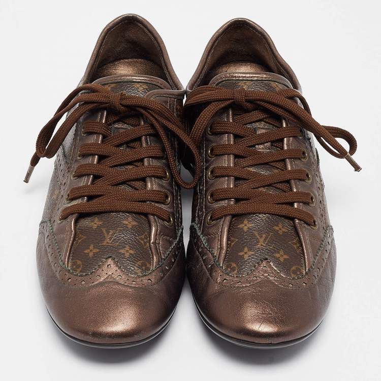 Pre Owned Louis Vuitton Metallic Bronze Monogram Leather and Canvas Lace Up Sneakers Size 39