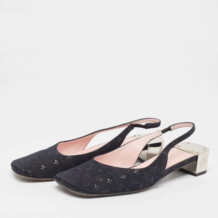 Pre Owned Louis Vuitton Black Monogram Satin Slingback Pumps Size 38