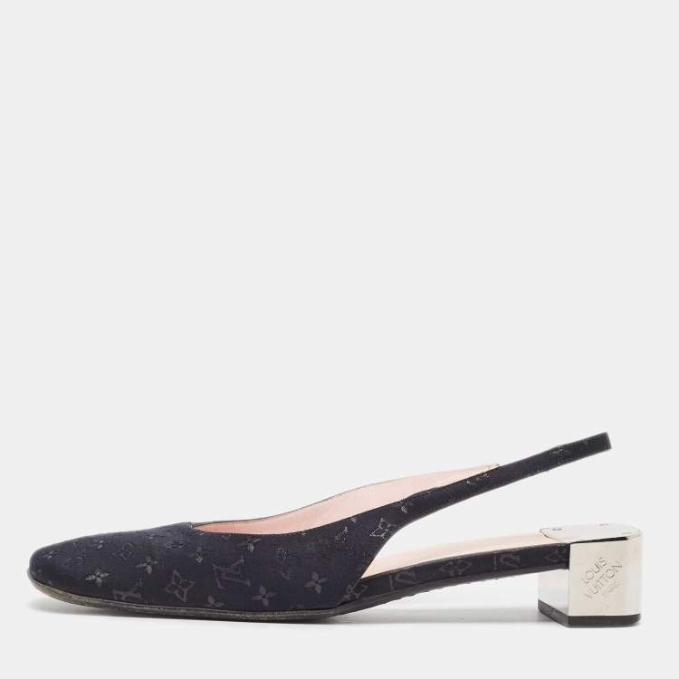 Pre Owned Louis Vuitton Black Monogram Satin Slingback Pumps Size 38