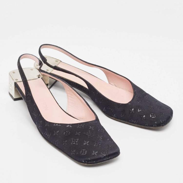 Pre Owned Louis Vuitton Black Monogram Satin Slingback Pumps Size 38