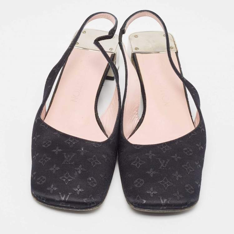 Pre Owned Louis Vuitton Black Monogram Satin Slingback Pumps Size 38