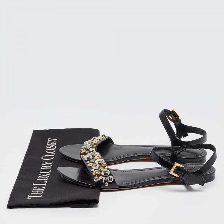Pre Owned Louis Vuitton Black Leather Embellished Slingback Flat Sandals Size 40