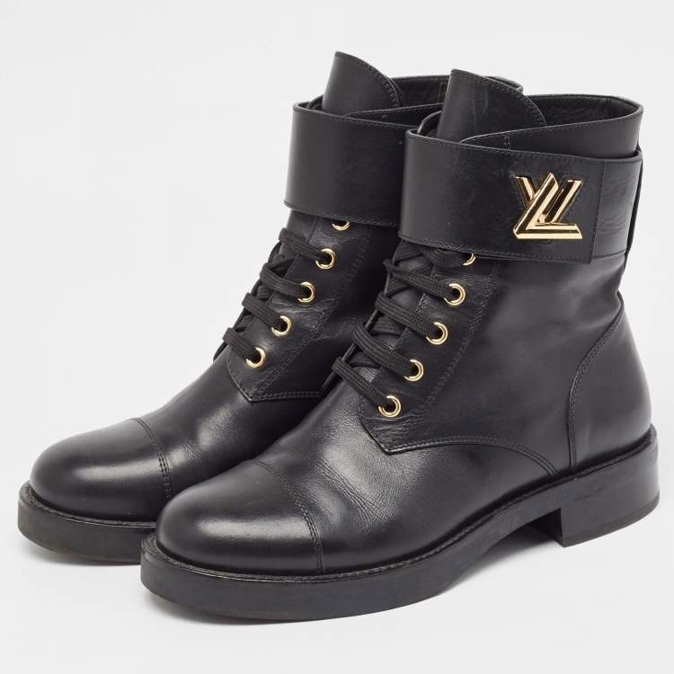 Pre Owned Louis Vuitton Black Leather Wonderland Flat Ranger Boots Size 37.5