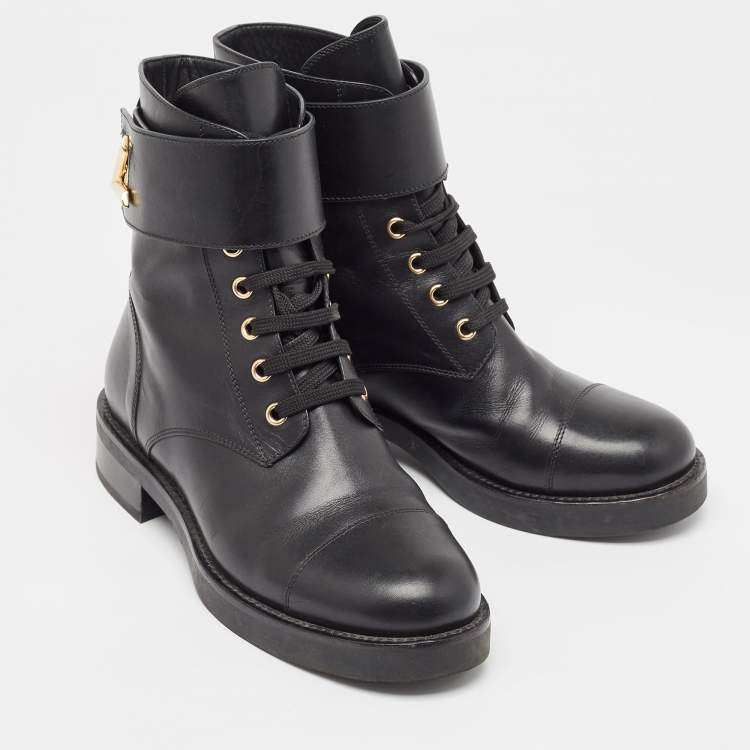 Pre Owned Louis Vuitton Black Leather Wonderland Flat Ranger Boots Size 37.5