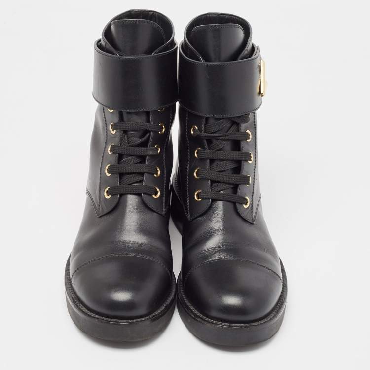 Pre Owned Louis Vuitton Black Leather Wonderland Flat Ranger Boots Size 37.5
