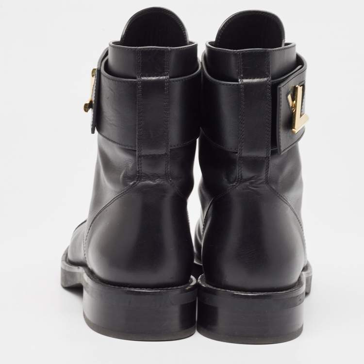 Pre Owned Louis Vuitton Black Leather Wonderland Flat Ranger Boots Size 37.5