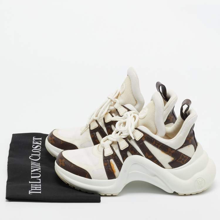 Pre Owned Louis Vuitton White/Brown Nylon and  Leather Archlight Sneakers Size 38.5