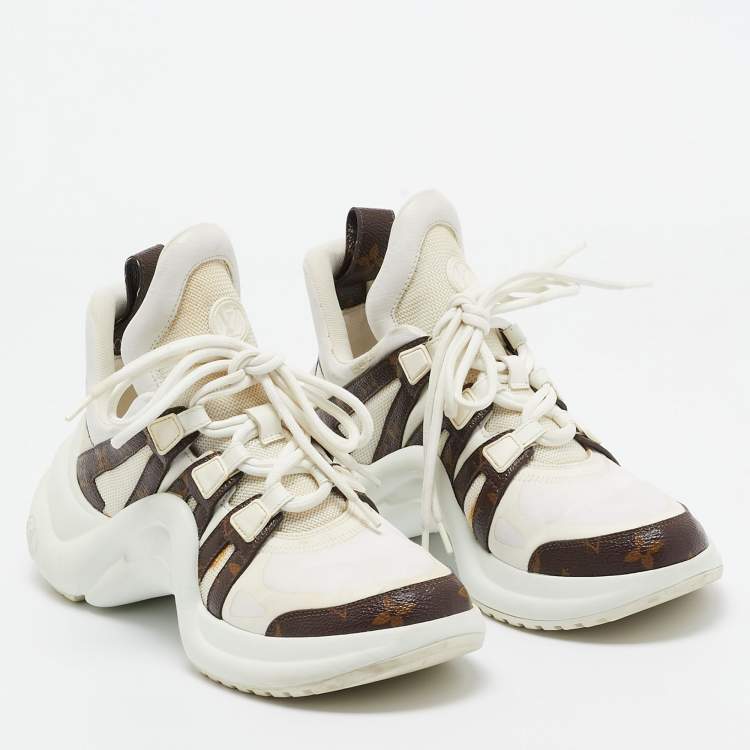 Pre Owned Louis Vuitton White/Brown Nylon and  Leather Archlight Sneakers Size 38.5